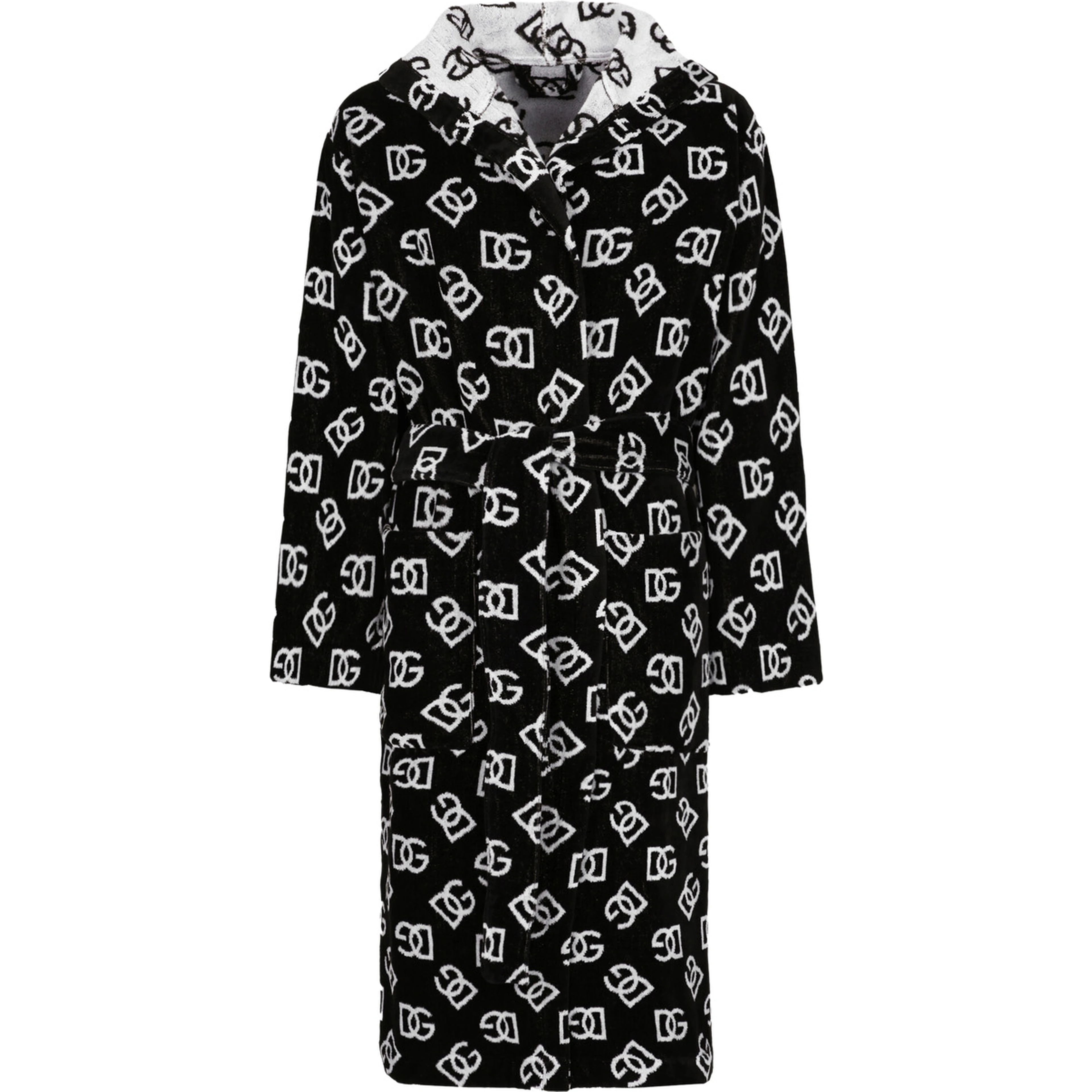 black and white Bathrobe with DG all-over logo and belt in cotton