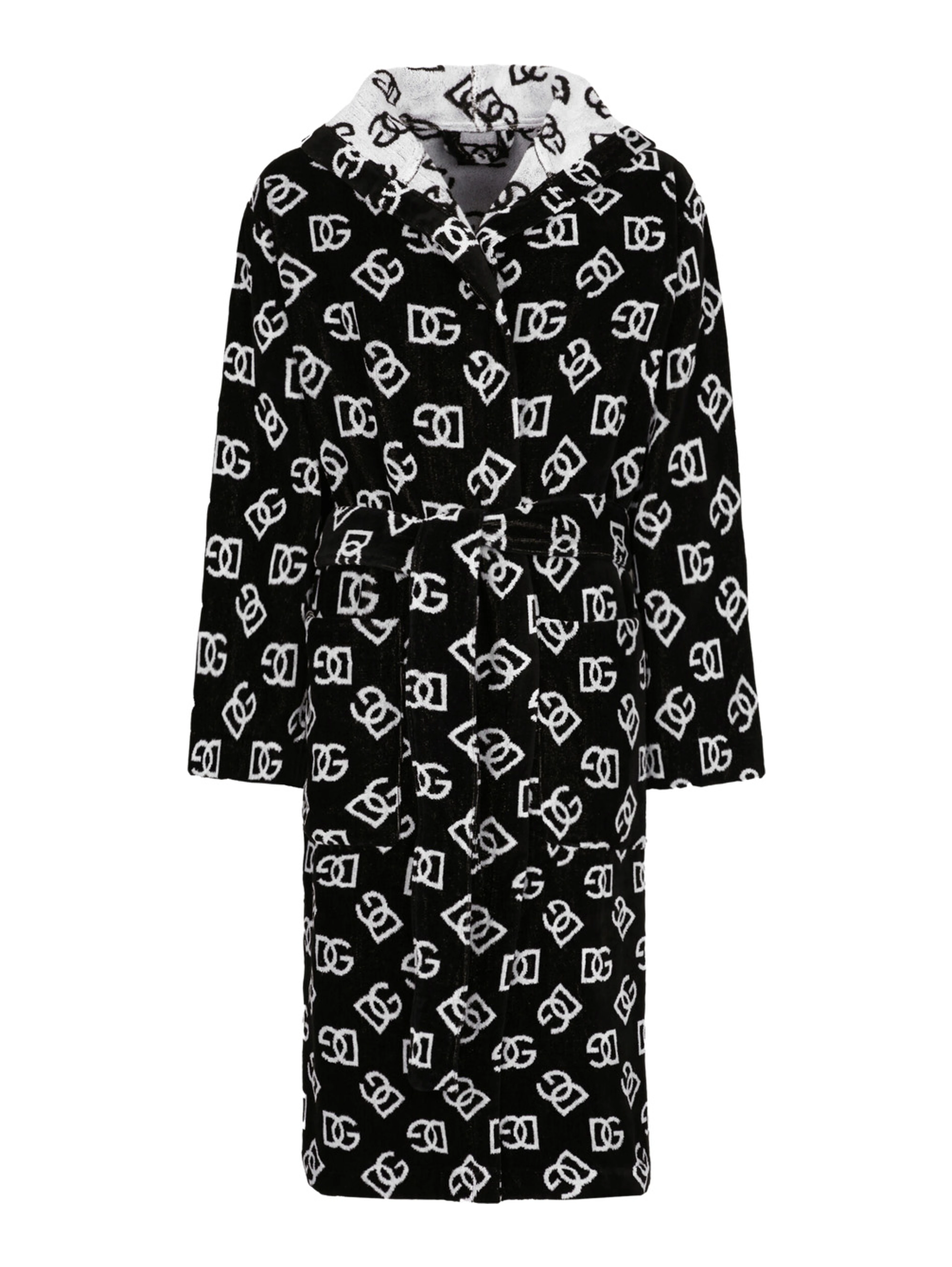 black and white Bathrobe with DG all-over logo and belt in cotton