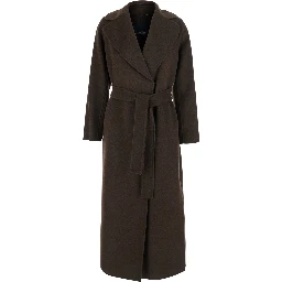 Pace Brown Coat with Notched Revers and Front Belt Closure in Wool for Women