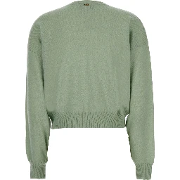 Green Crew neck sweater with dropped shoulders and crop design in cashmere blend for women