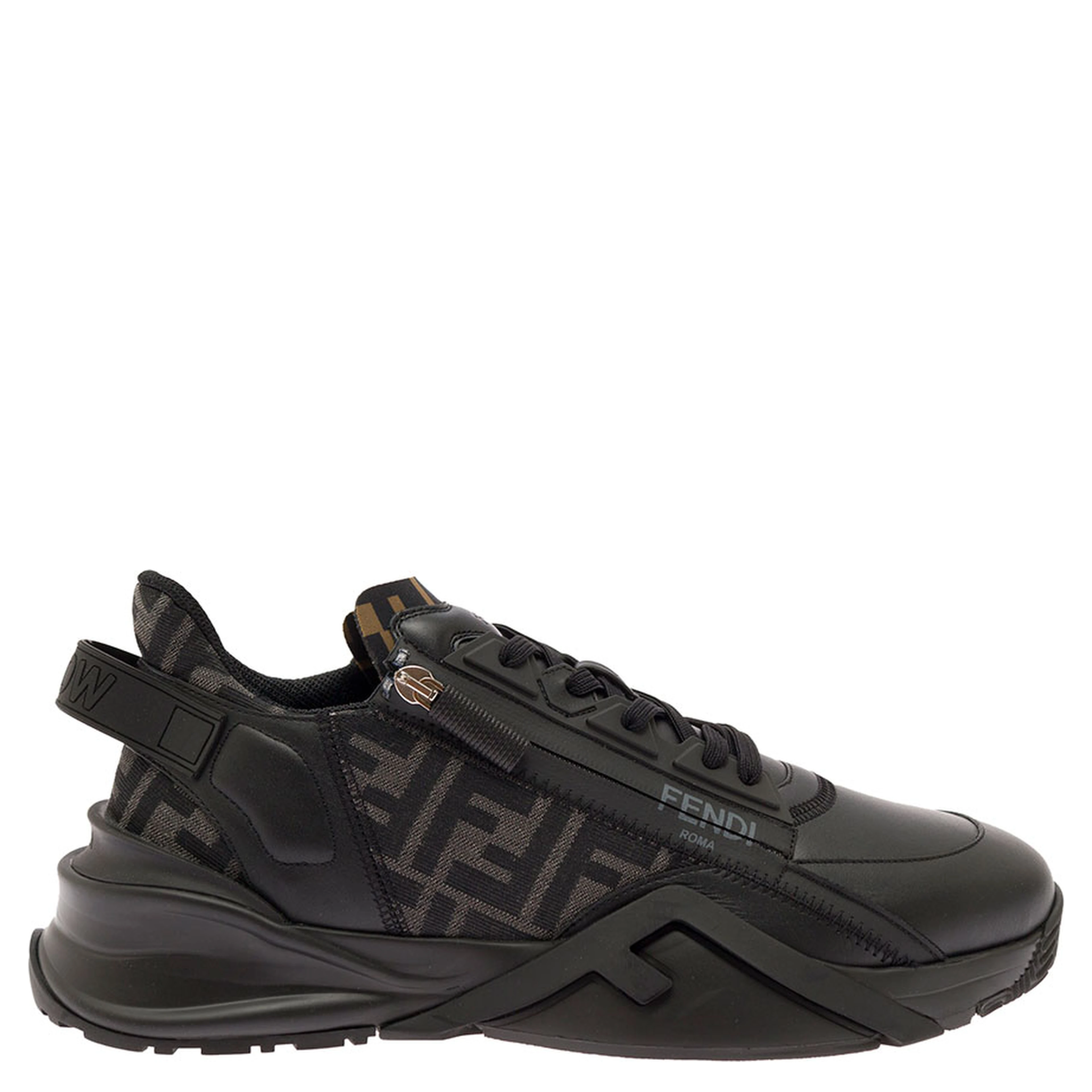 Sneaker Fendi Flow with FF Logo and Zip Detail on the Side in Black Leather Men