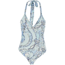 Light Blue Swimsuit with Halterneck Tie Closure and All-Over Orchidea Print in Stretch Tech Fabric for Women