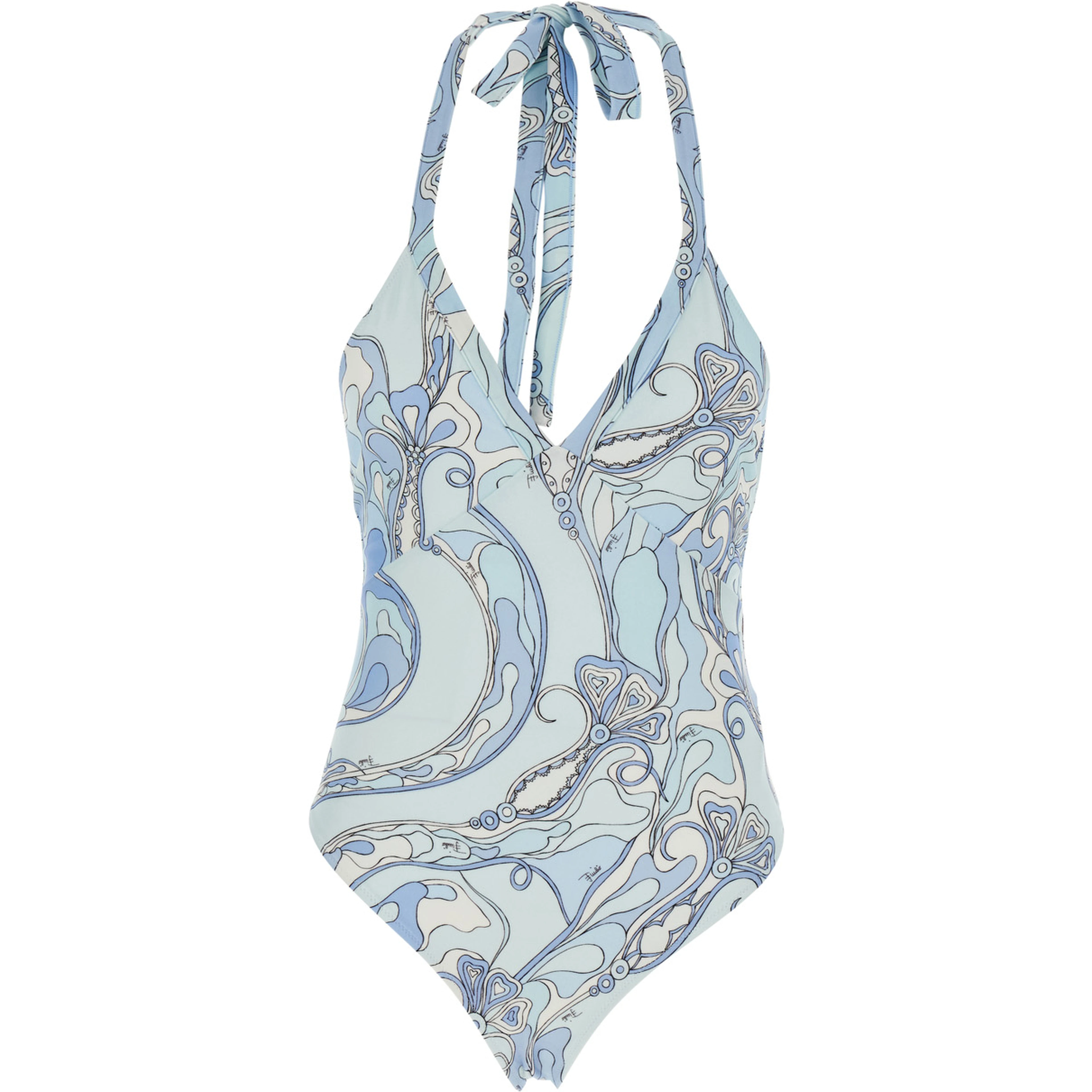 Light Blue Swimsuit with Halterneck Tie Closure and All-Over Orchidea Print in Stretch Tech Fabric for Women