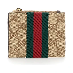 Beige Wallet with Web Stripe and Zip Closure and Magnetic Button in GG Canvas for Women