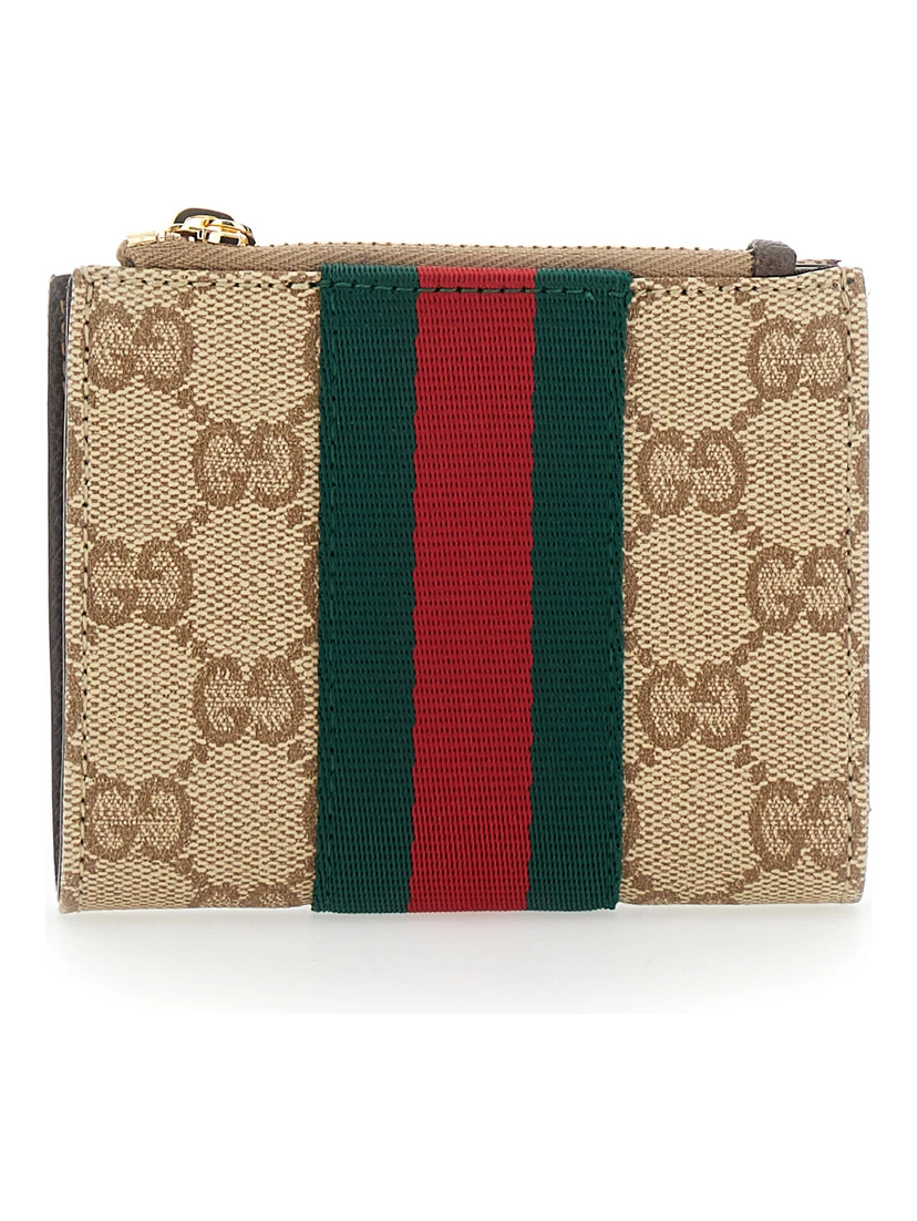 Beige Wallet with Web Stripe and Zip Closure and Magnetic Button in GG Canvas for Women