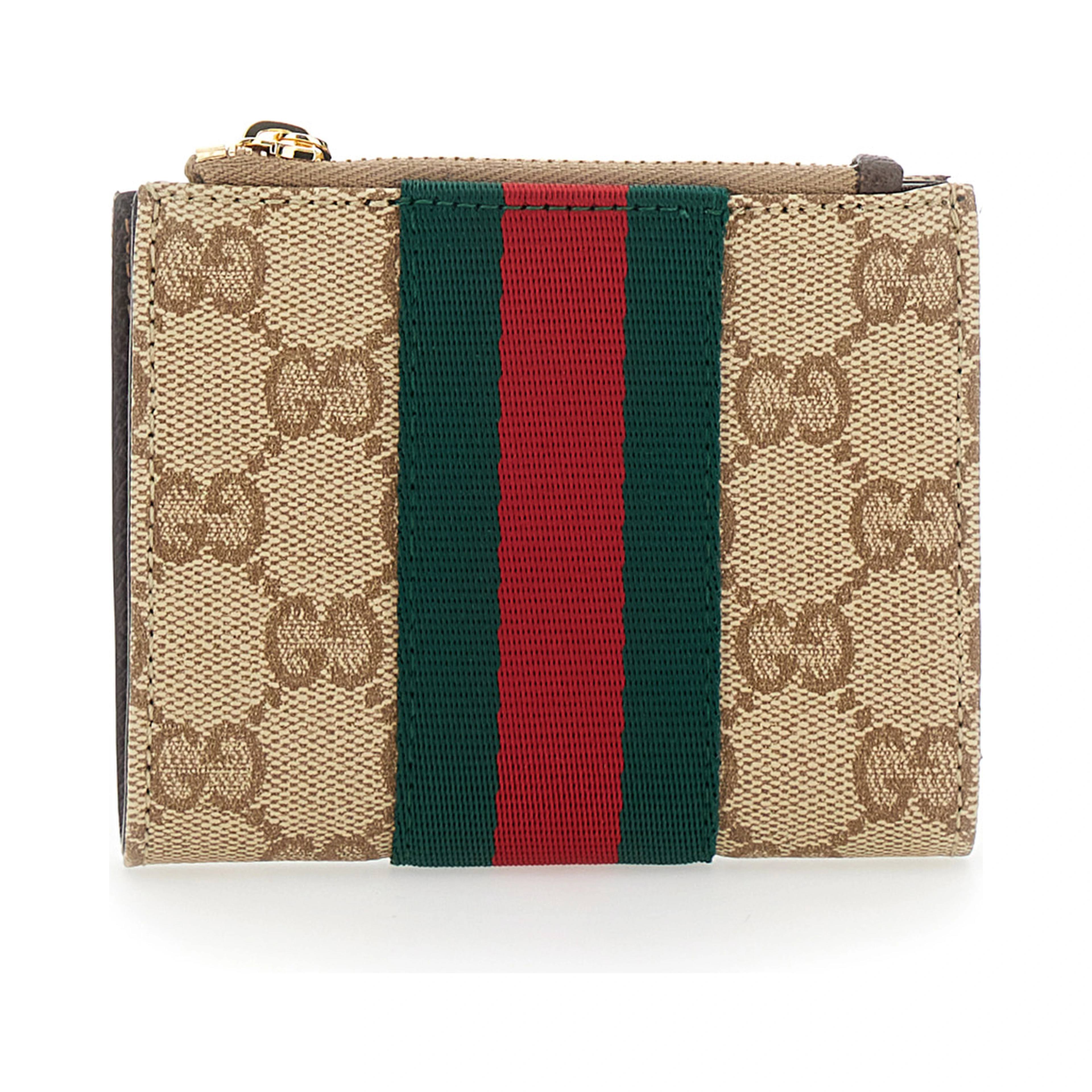 Beige Wallet with Web Stripe and Zip Closure and Magnetic Button in GG Canvas for Women