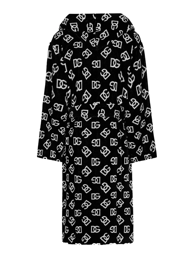 black and white Bathrobe with DG all-over logo and belt in cotton alternative