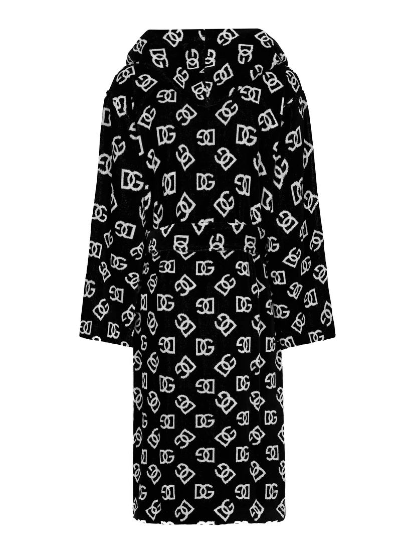black and white Bathrobe with DG all-over logo and belt in cotton