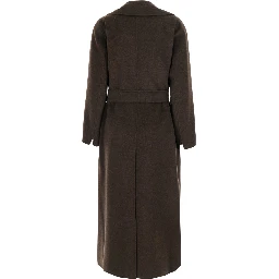 Pace Brown Coat with Notched Revers and Front Belt Closure in Wool for Women