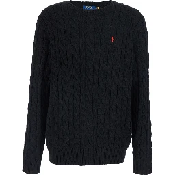 Crew Neck Sweater with Pony Logo on the Front in Black Cotton for Men