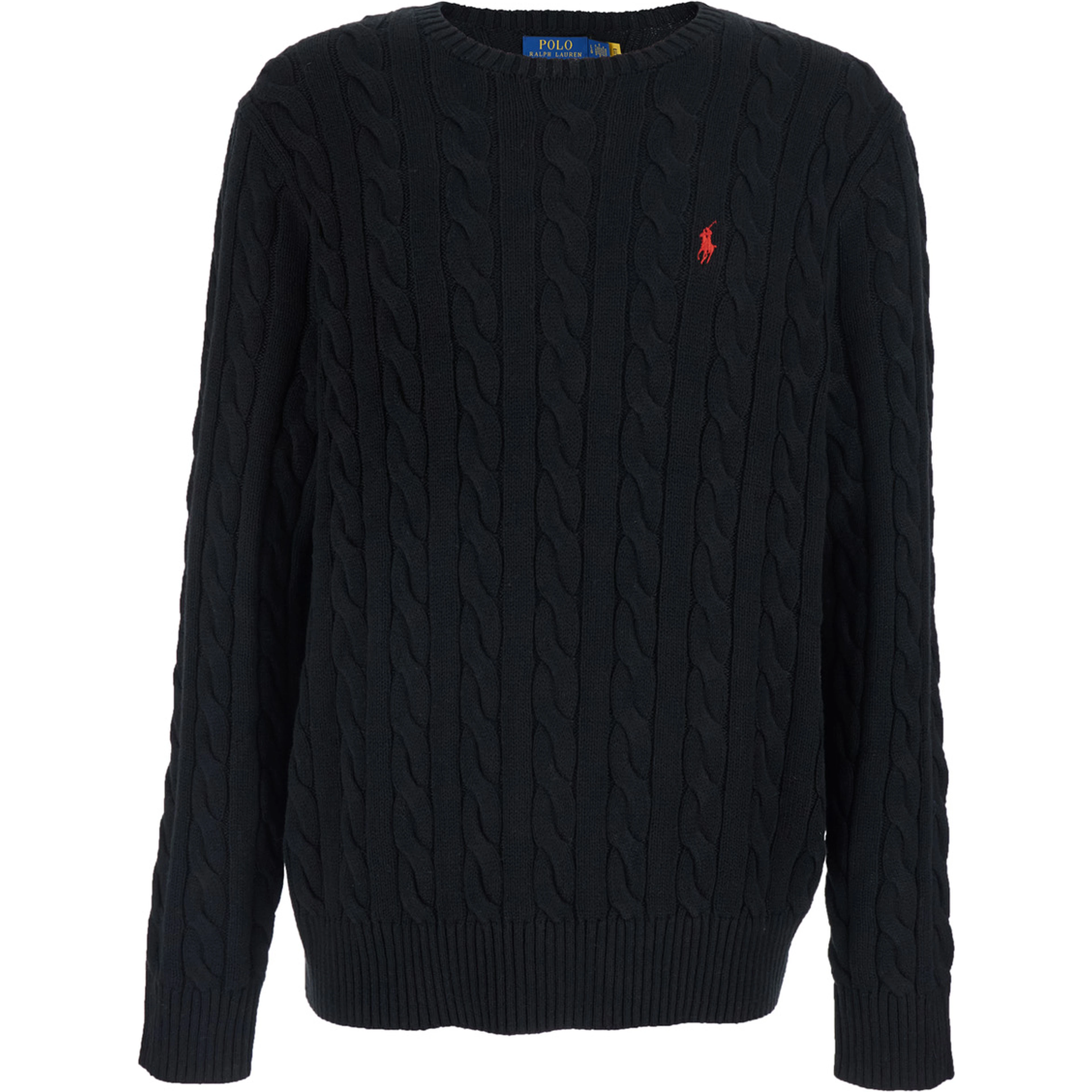 Crew Neck Sweater with Pony Logo on the Front in Black Cotton for Men