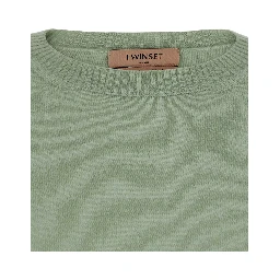 Green Crew neck sweater with dropped shoulders and crop design in cashmere blend for women