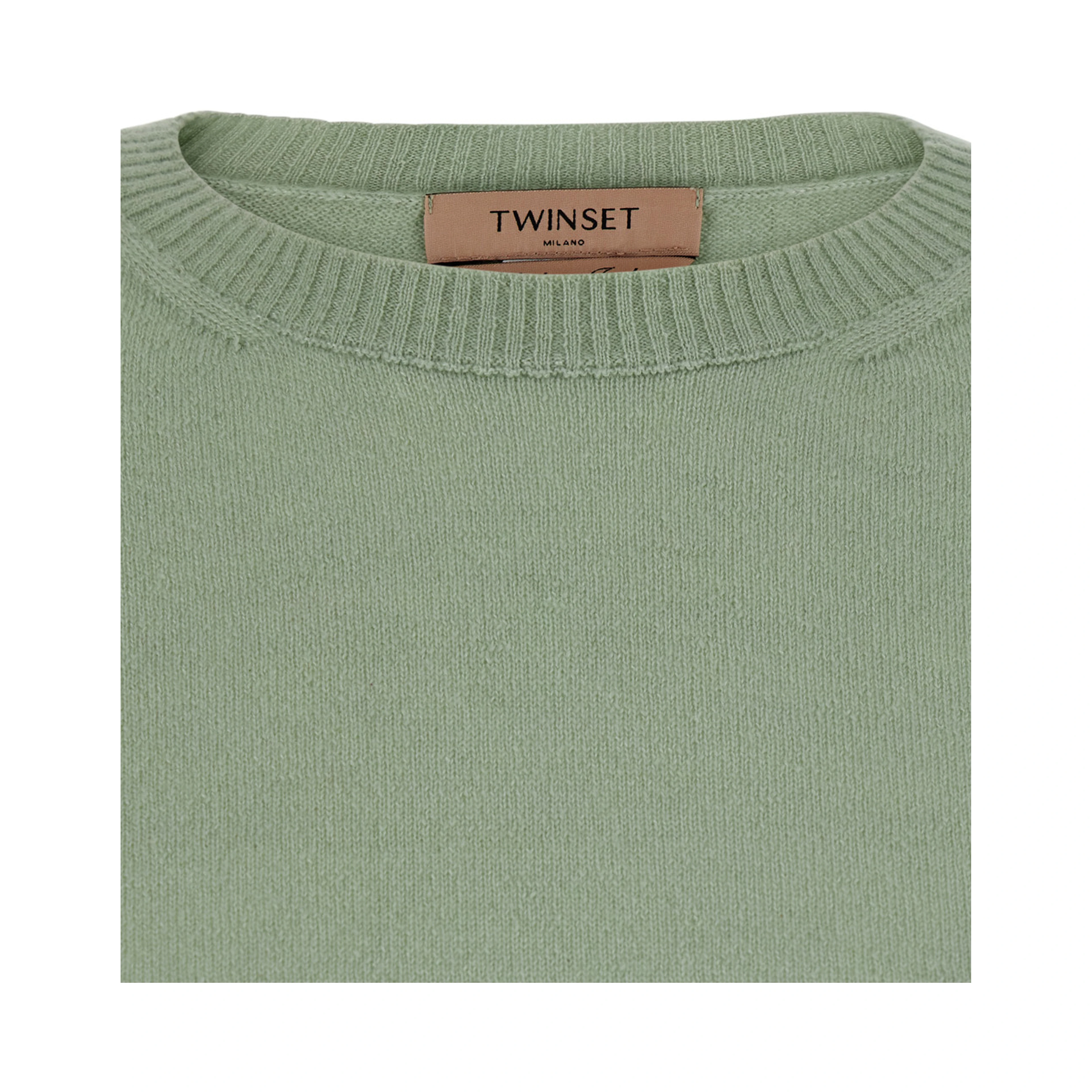 Green Crew neck sweater with dropped shoulders and crop design in cashmere blend for women