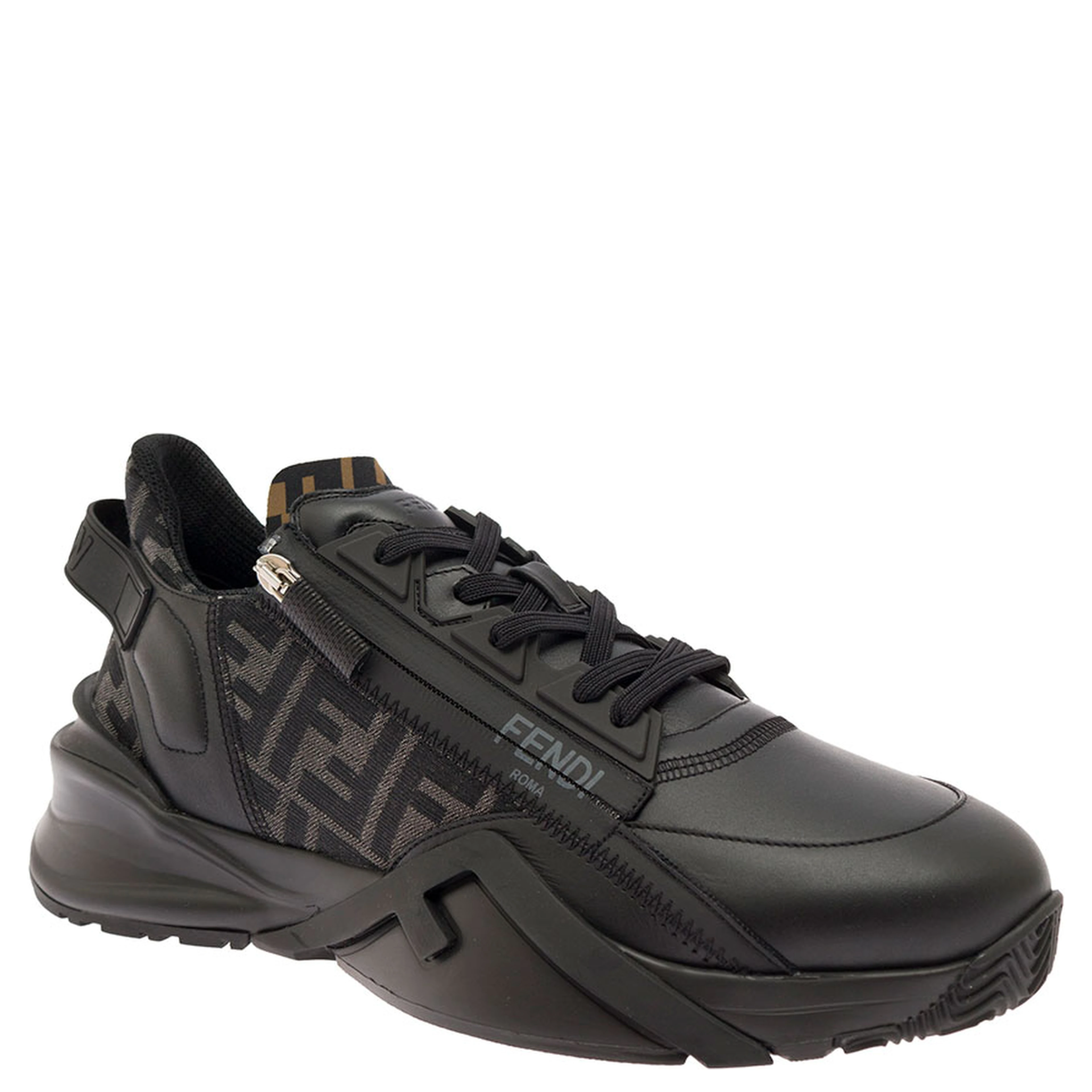 Sneaker Fendi Flow with FF Logo and Zip Detail on the Side in Black Leather Men