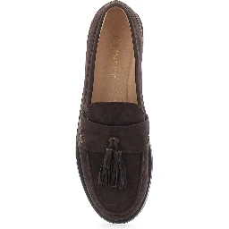 Brown Low-heeled loafers with tassels on the front in suede for women