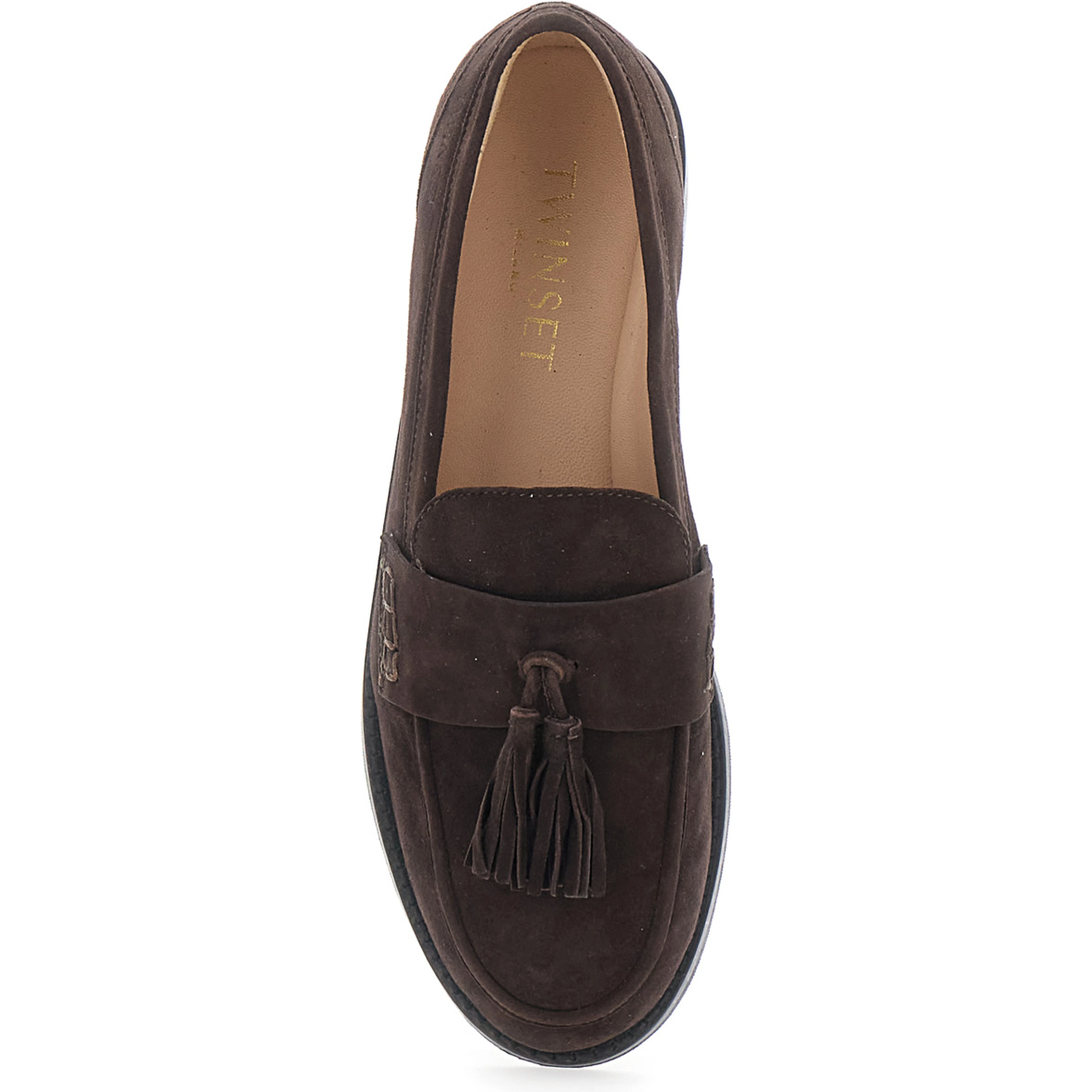 Brown Low-heeled loafers with tassels on the front in suede for women
