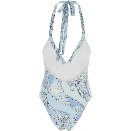 Light Blue Swimsuit with Halterneck Tie Closure and All-Over Orchidea Print in Stretch Tech Fabric for Women