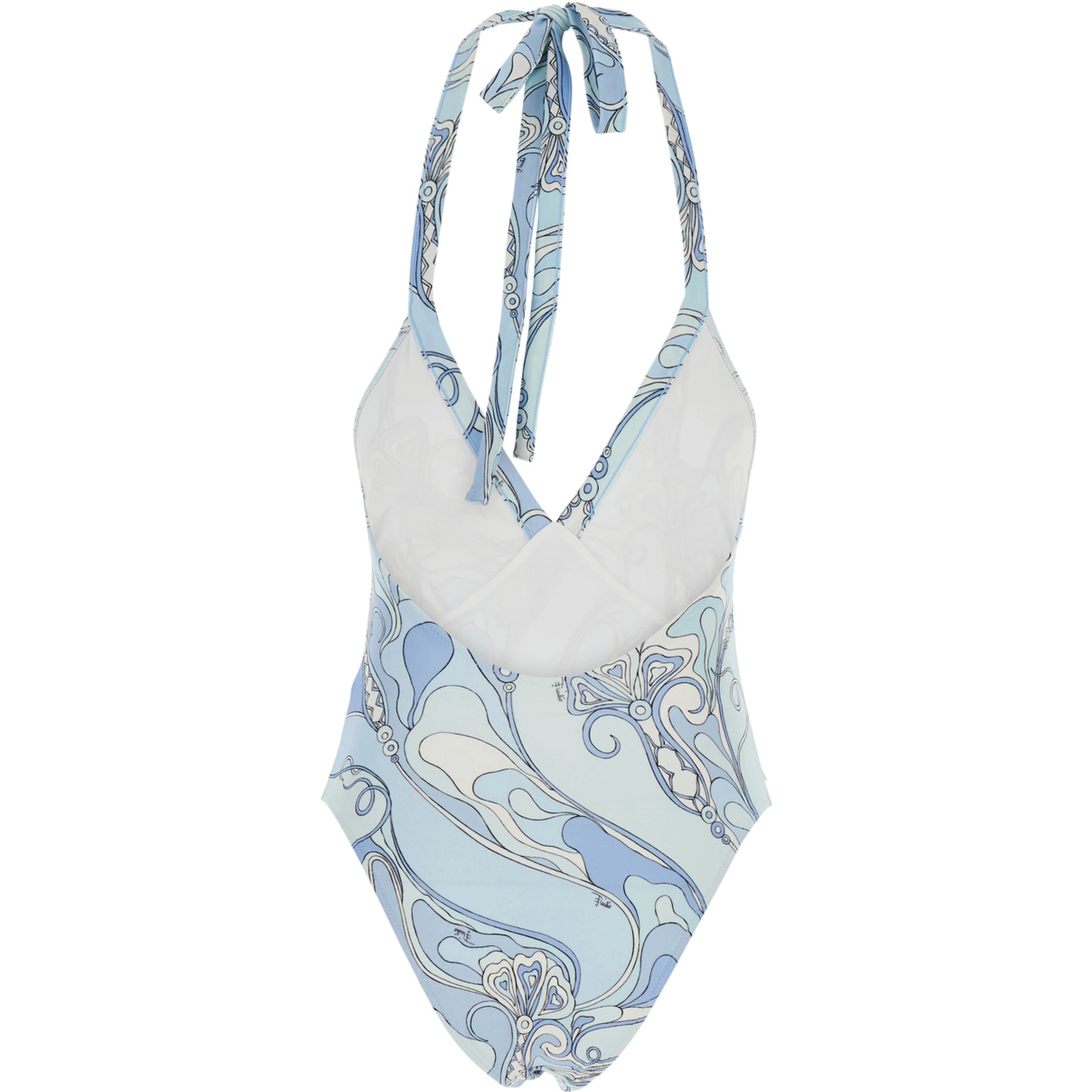 Light Blue Swimsuit with Halterneck Tie Closure and All-Over Orchidea Print in Stretch Tech Fabric for Women