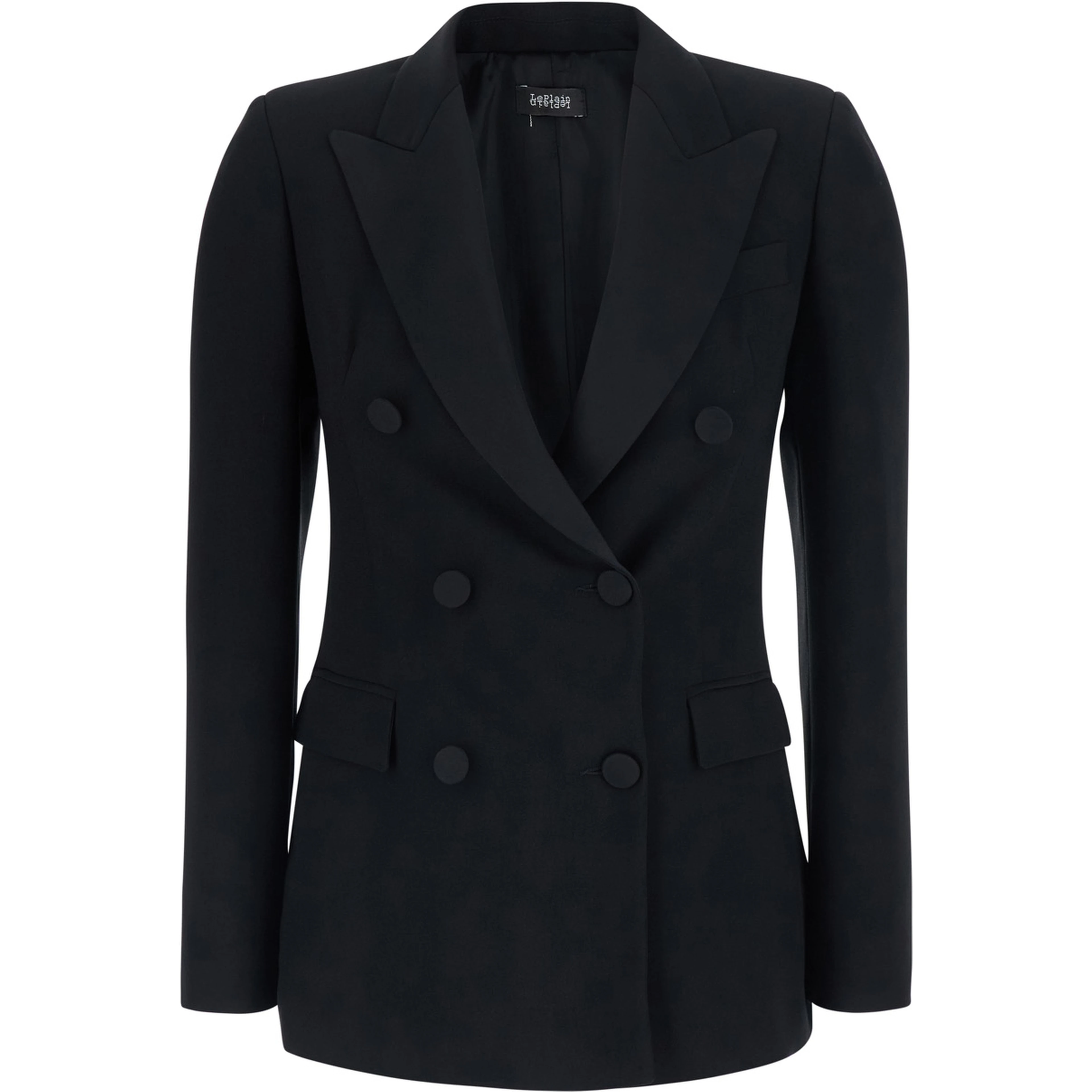 Black Double-Breasted Jacket with Peak Revers in Tech Fabric for Women
