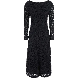Black Long dress with round neck and all-over lace embroidery in fabric for women