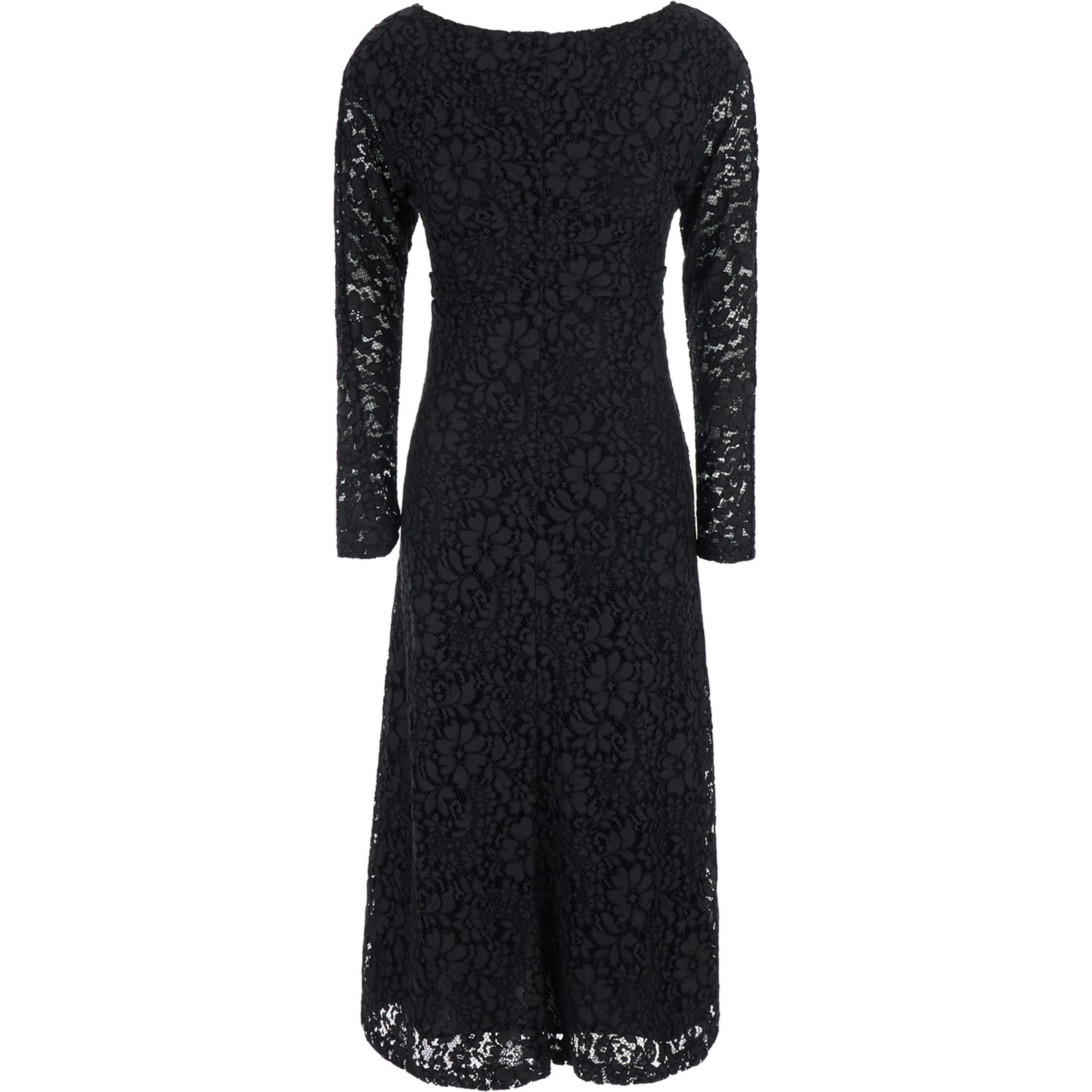 Black Long dress with round neck and all-over lace embroidery in fabric for women