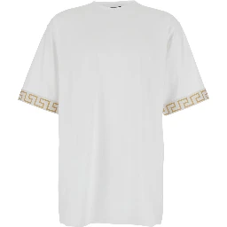 Crew Neck T-Shirt with Greca Motif on the Sleeves in Tech Fabric White Men