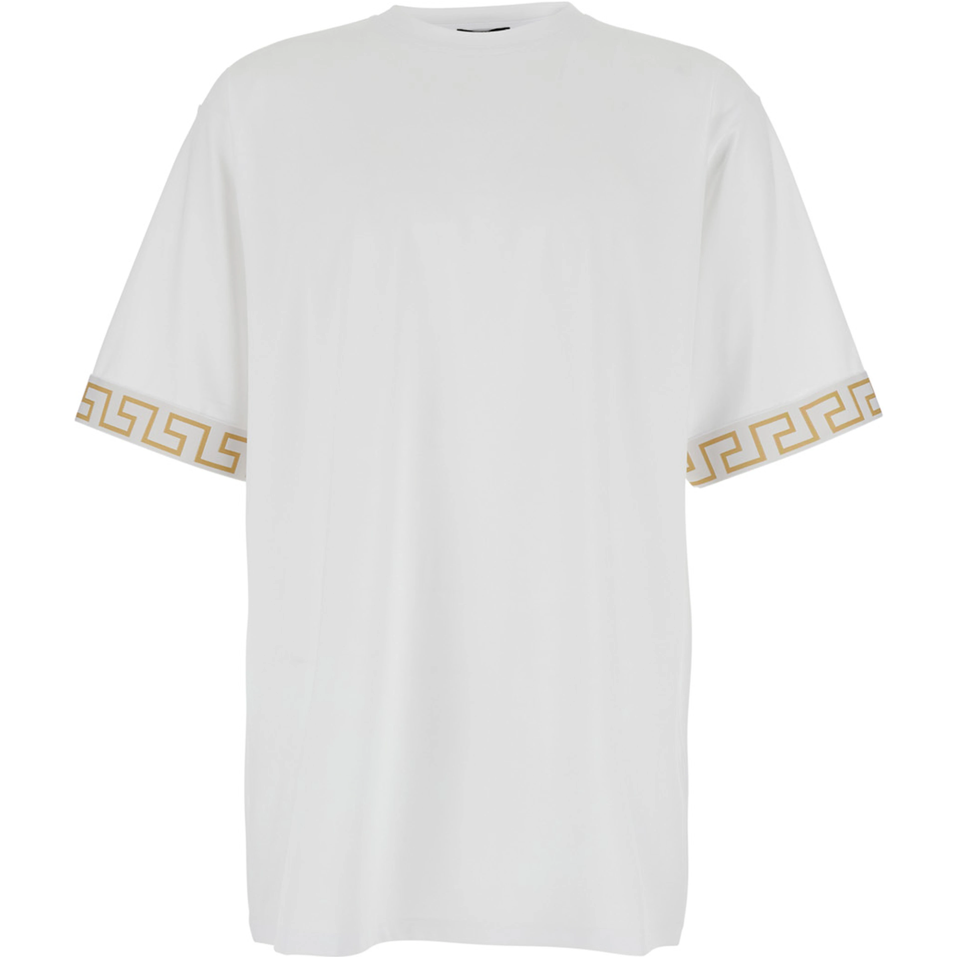 Crew Neck T-Shirt with Greca Motif on the Sleeves in Tech Fabric White Men
