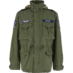 Jacket with Patches Applied on the Front and Sleeves in Green Cotton for Men