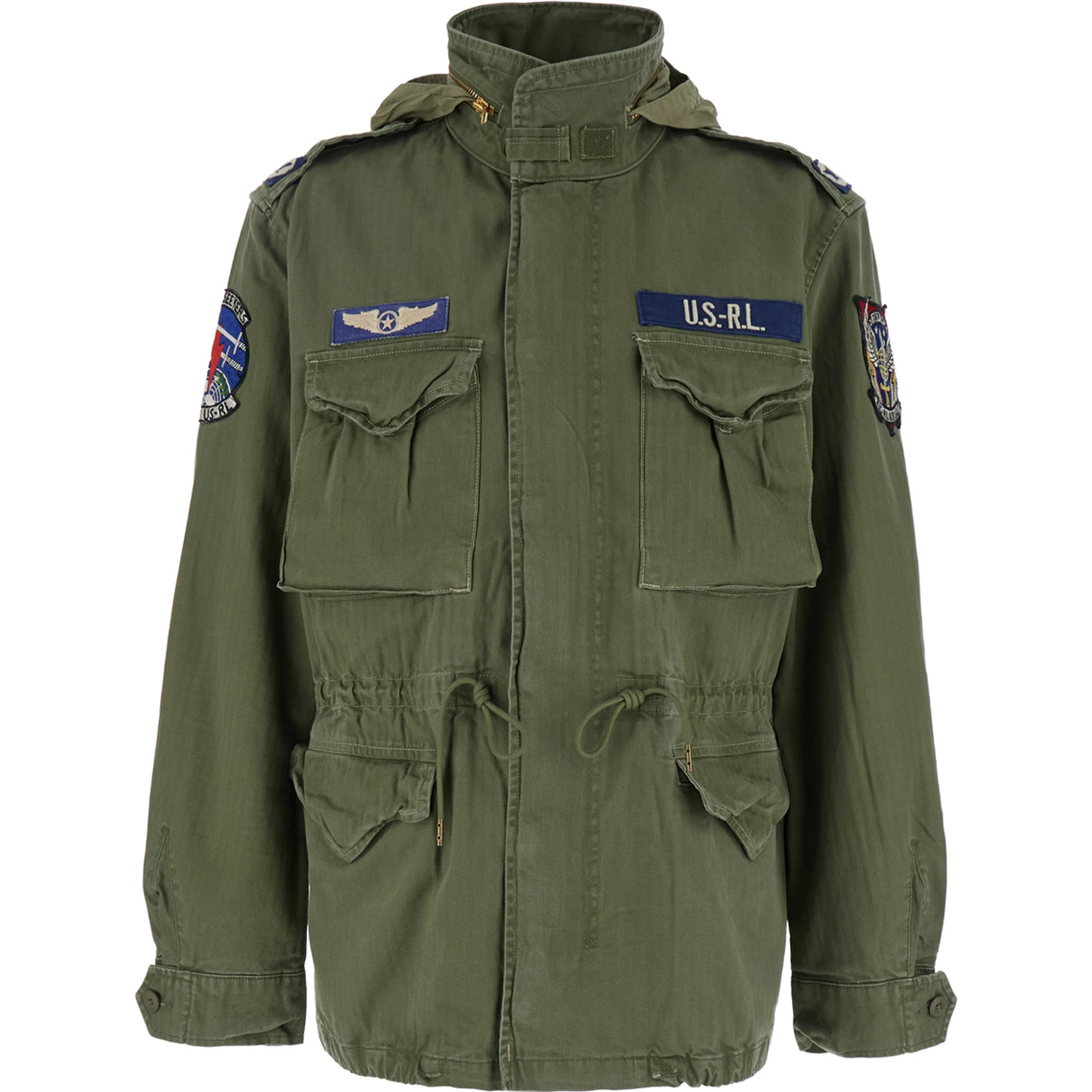 Jacket with Patches Applied on the Front and Sleeves in Green Cotton for Men