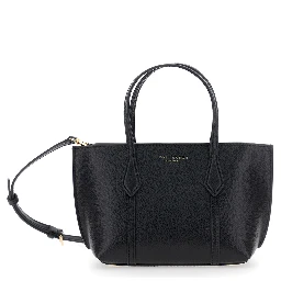 Handbag Perry with Adjustable and Removable Shoulder Strap and Logo Lettering Embossed on the Front in Grained Black Leather for Women
