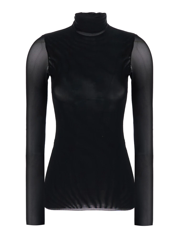 Black High Neck Top with Long Sleeves in Tech Fabric for Women
