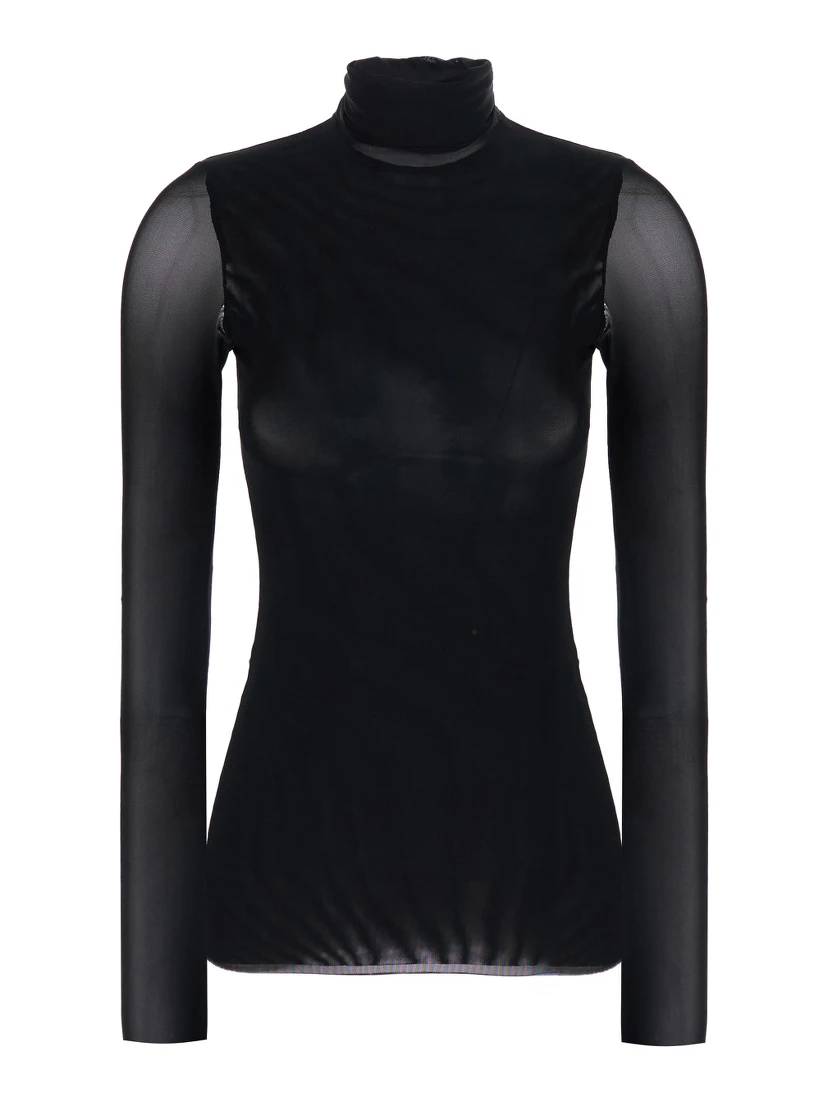 Black High Neck Top with Long Sleeves in Tech Fabric for Women