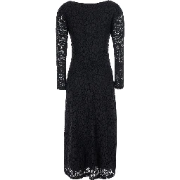 Black Long dress with round neck and all-over lace embroidery in fabric for women