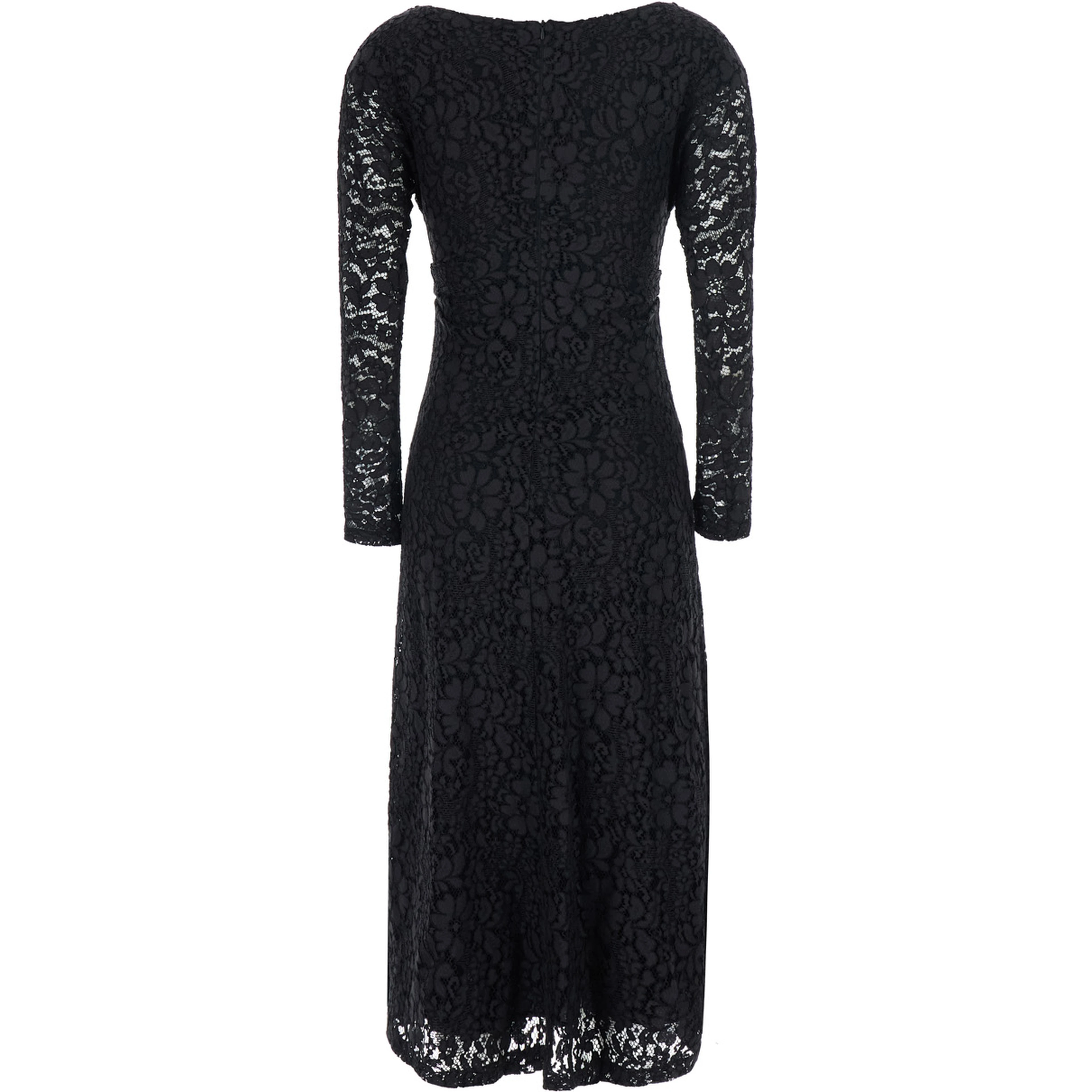 Black Long dress with round neck and all-over lace embroidery in fabric for women
