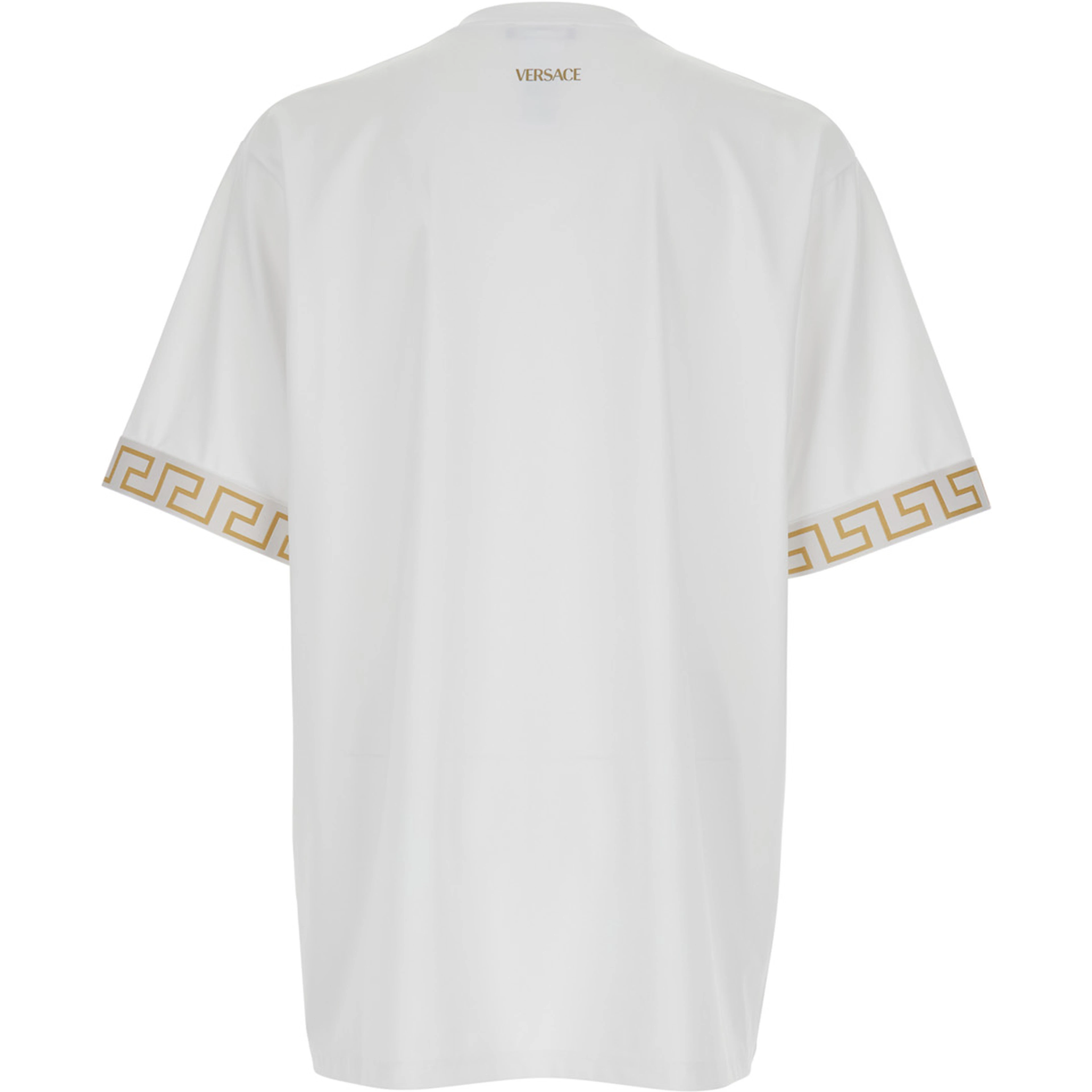 Crew Neck T-Shirt with Greca Motif on the Sleeves in Tech Fabric White Men