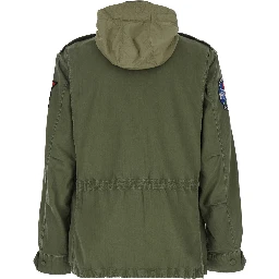 Jacket with Patches Applied on the Front and Sleeves in Green Cotton for Men