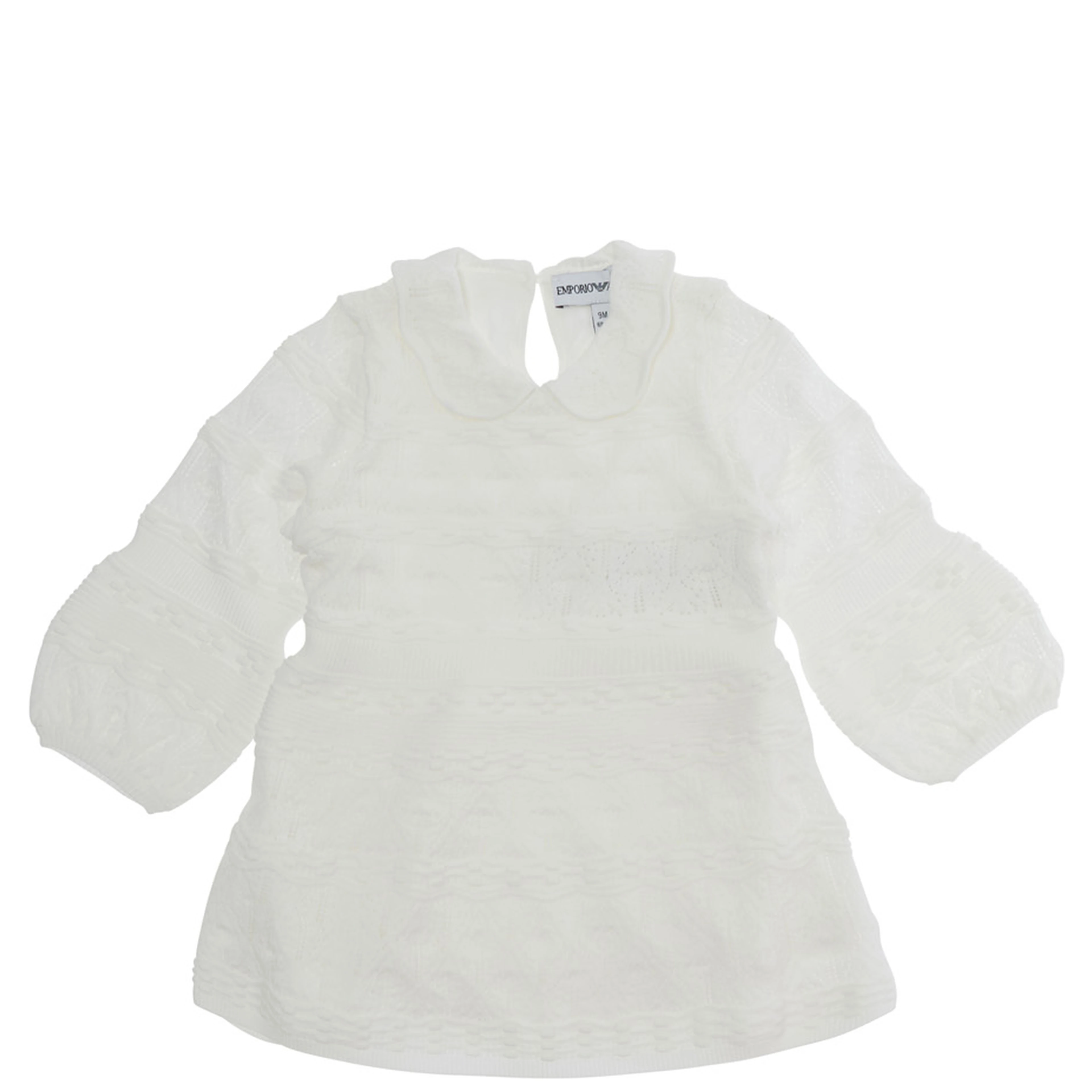 White Dress with Peter Pan Collar and All-Over Embroidery in Fabric Baby
