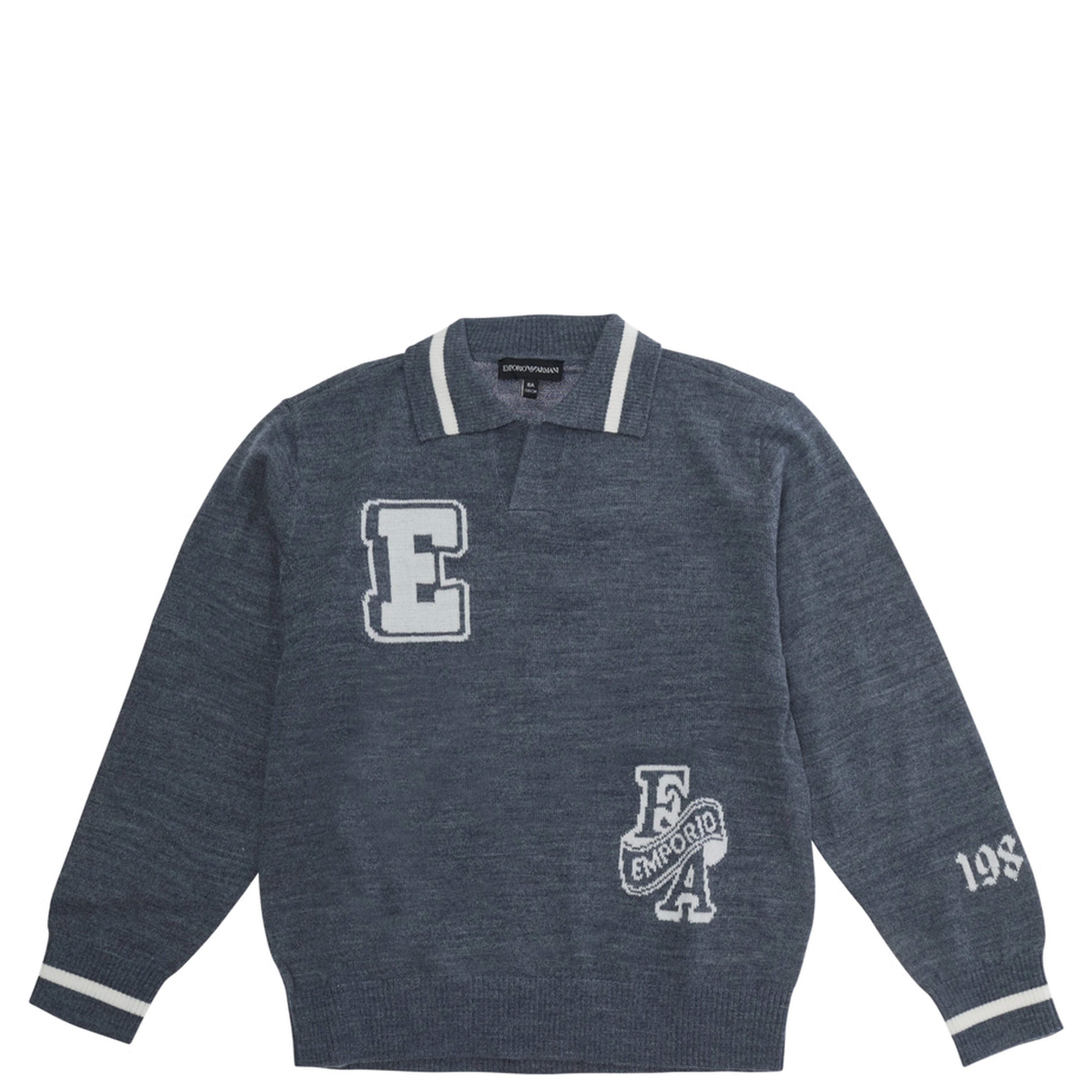 Gray Sweater with polo collar and lettering on front and back in blend wool boy