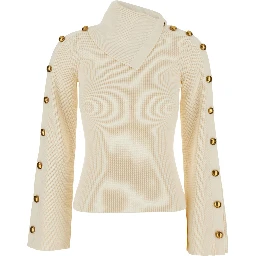 White Sweater with asymmetrical high collar and jewel buttons on the sleeves in Blend viscose for women
