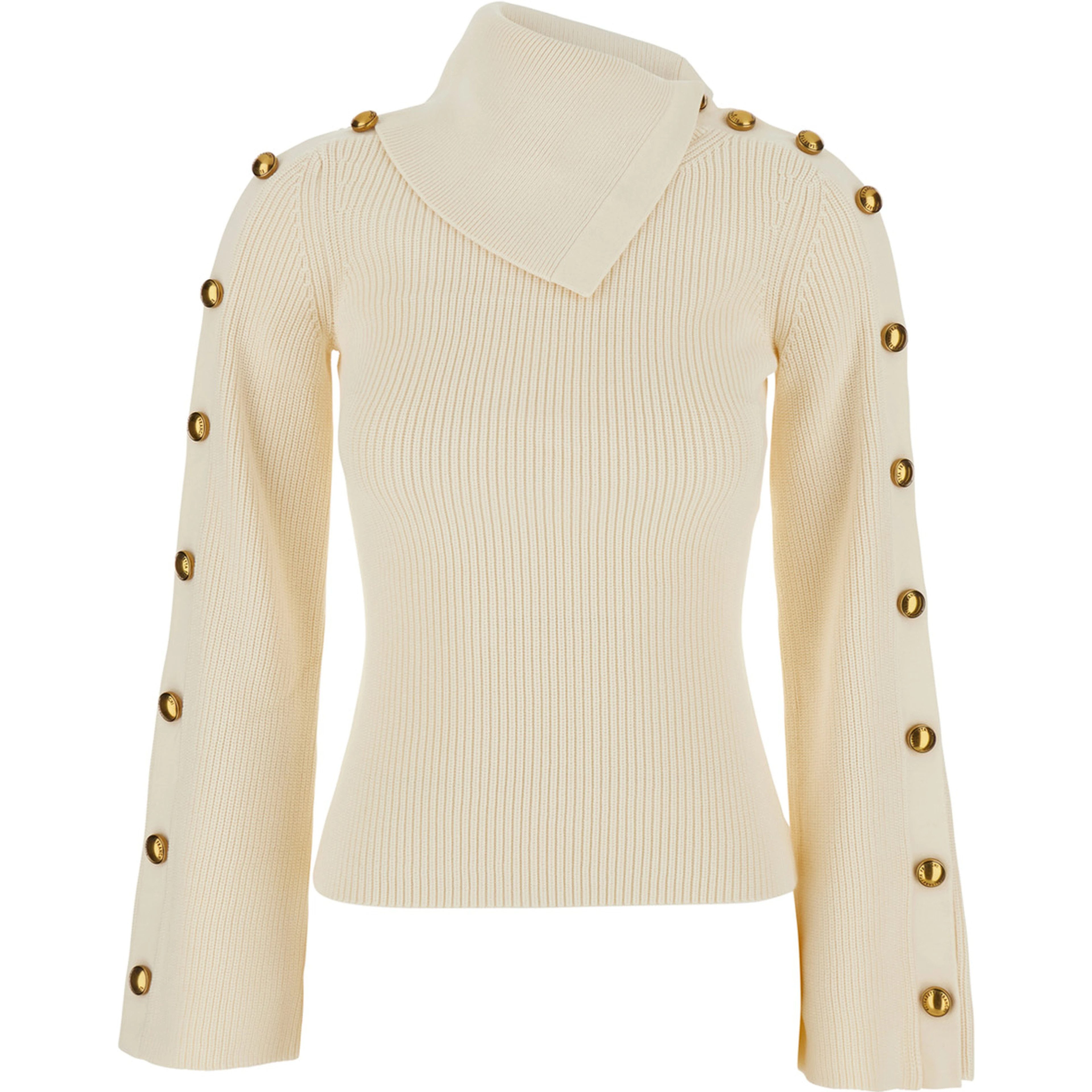 White Sweater with asymmetrical high collar and jewel buttons on the sleeves in Blend viscose for women