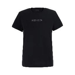 Black Crew neck T-shirt with logo lettering on the front and logo patch on the sleeve in cotton for women