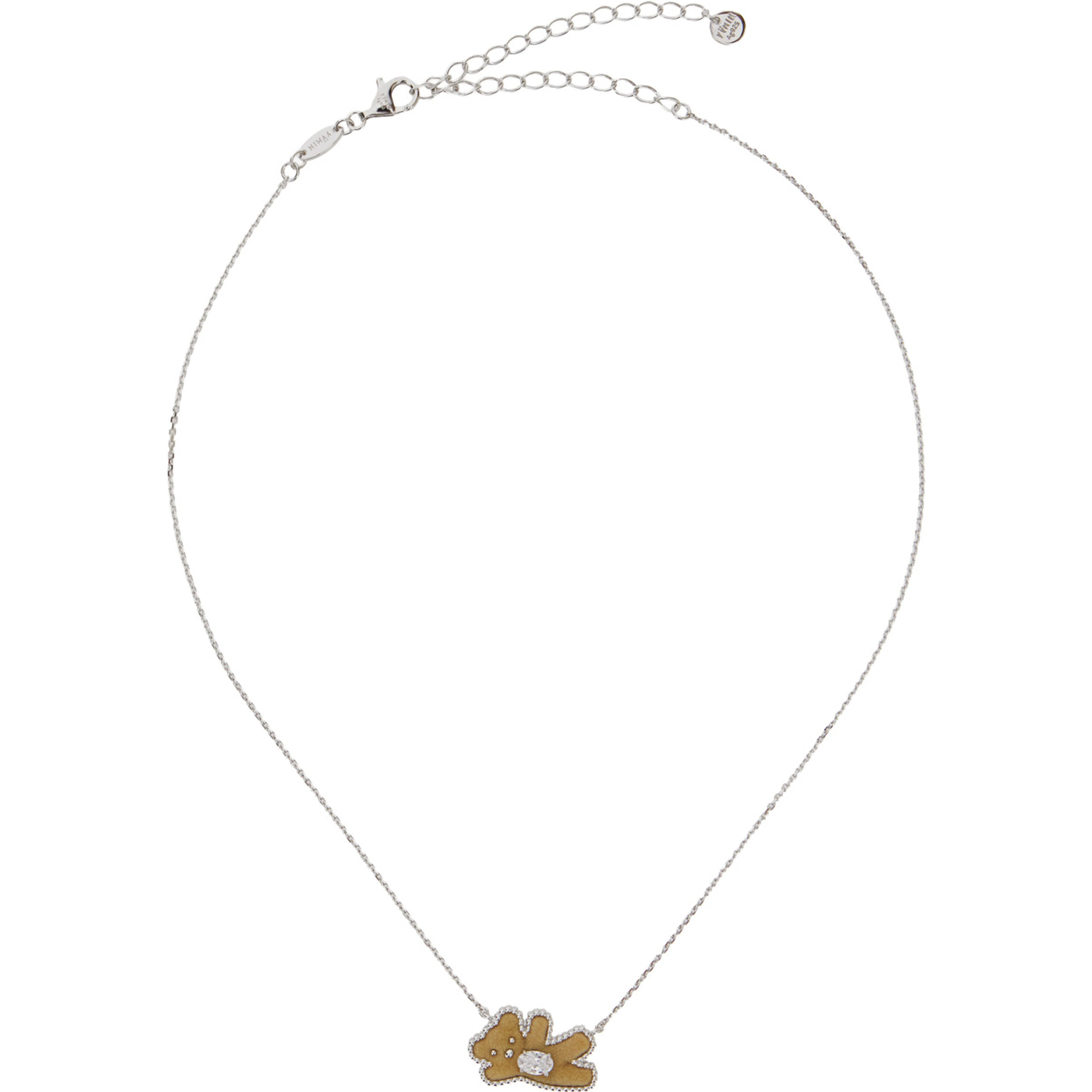 Beige Necklace with pendant with crystals and bear in metal for women