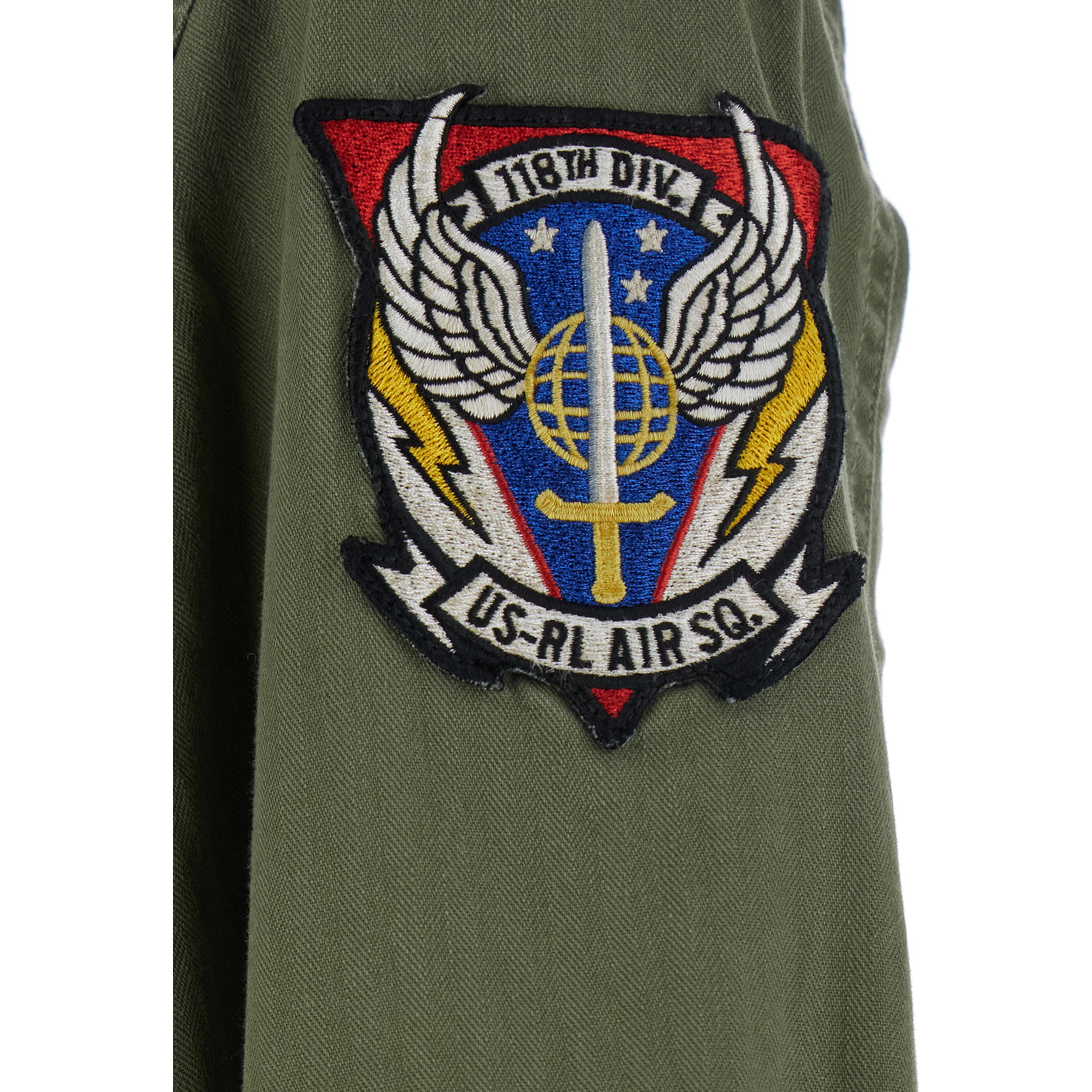 Jacket with Patches Applied on the Front and Sleeves in Green Cotton for Men