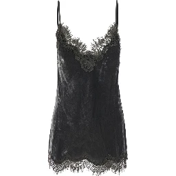 Dark grey V-neck top with lace details in velvet for women