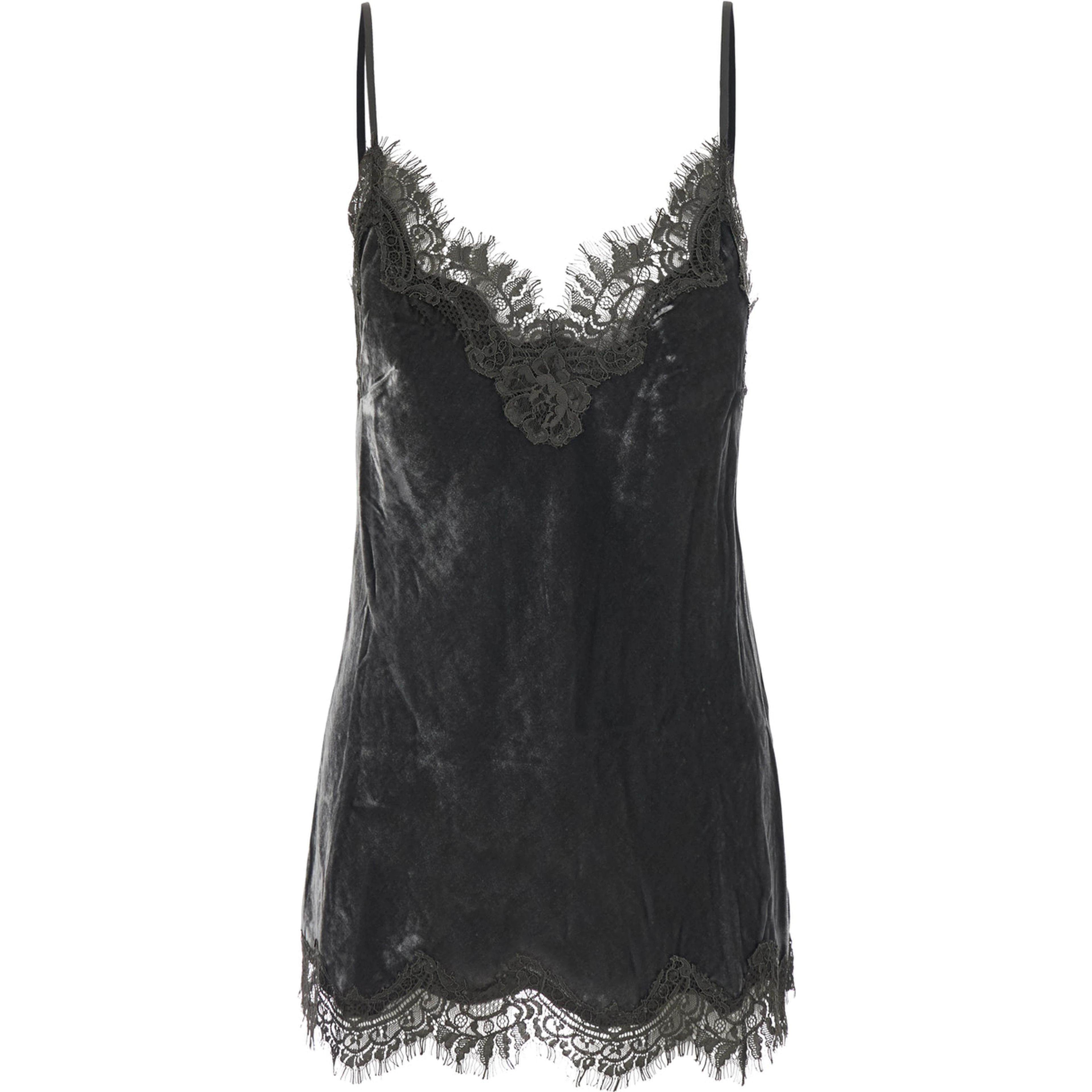 Dark grey V-neck top with lace details in velvet for women