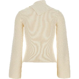 White Sweater with asymmetrical high collar and jewel buttons on the sleeves in Blend viscose for women