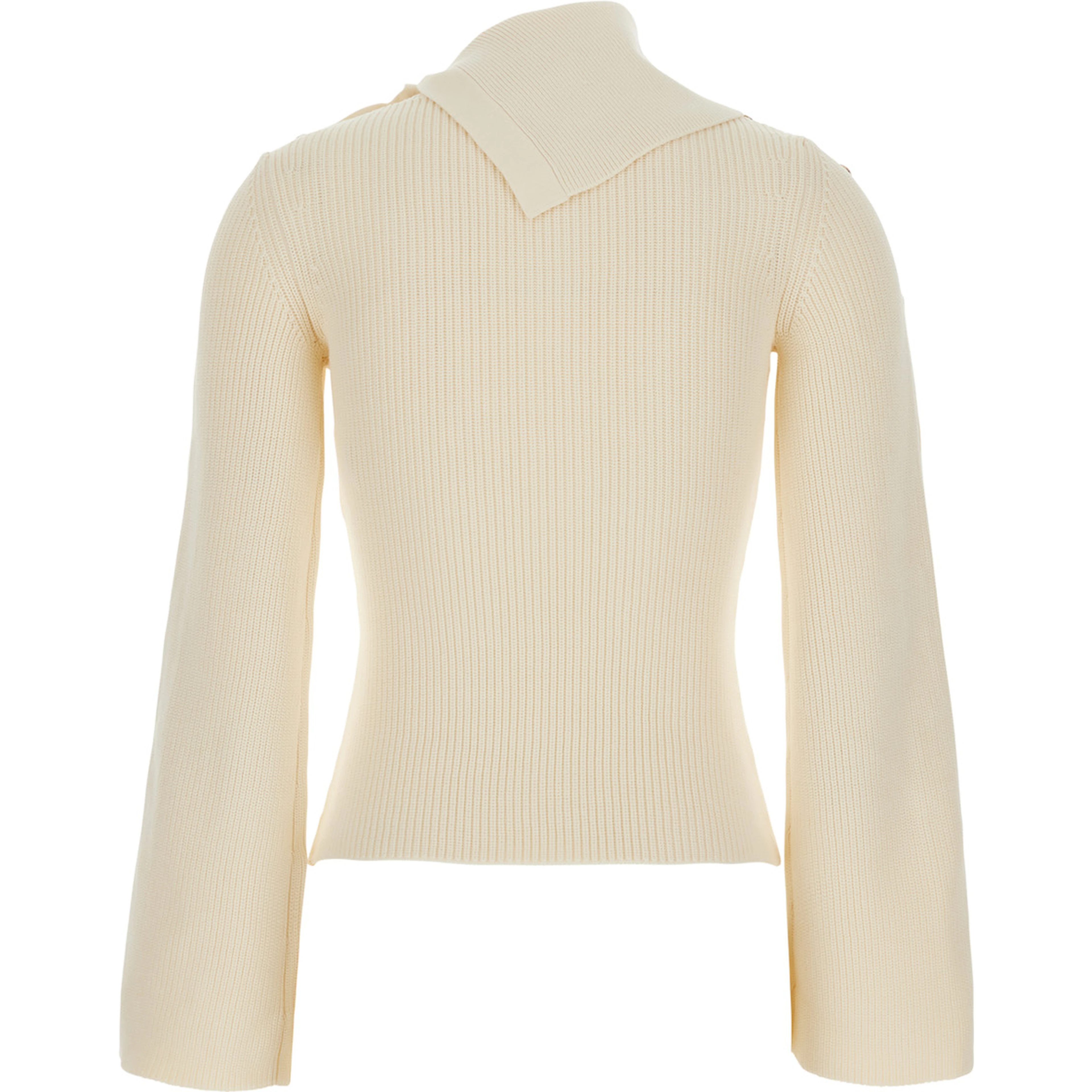 White Sweater with asymmetrical high collar and jewel buttons on the sleeves in Blend viscose for women