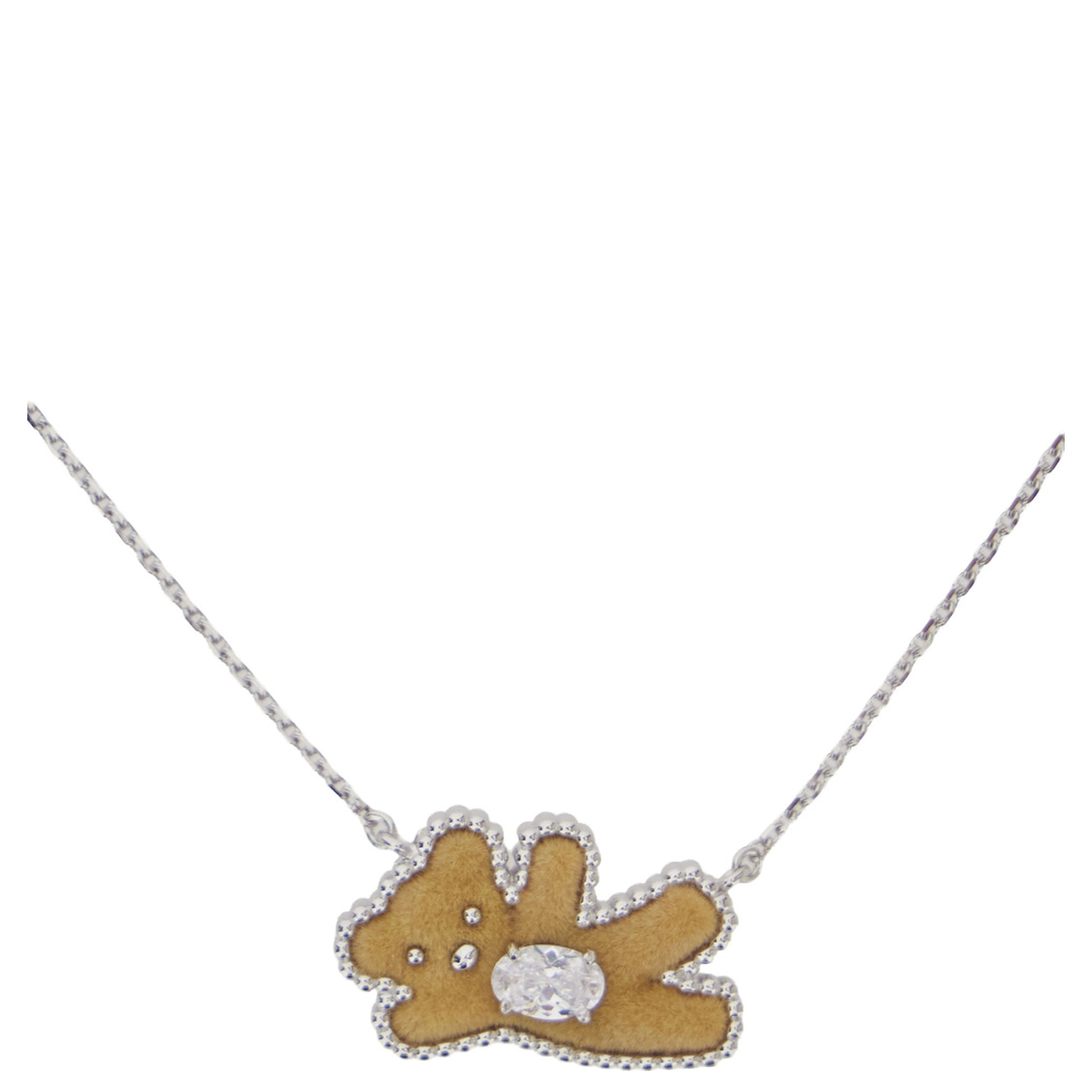 Beige Necklace with pendant with crystals and bear in metal for women