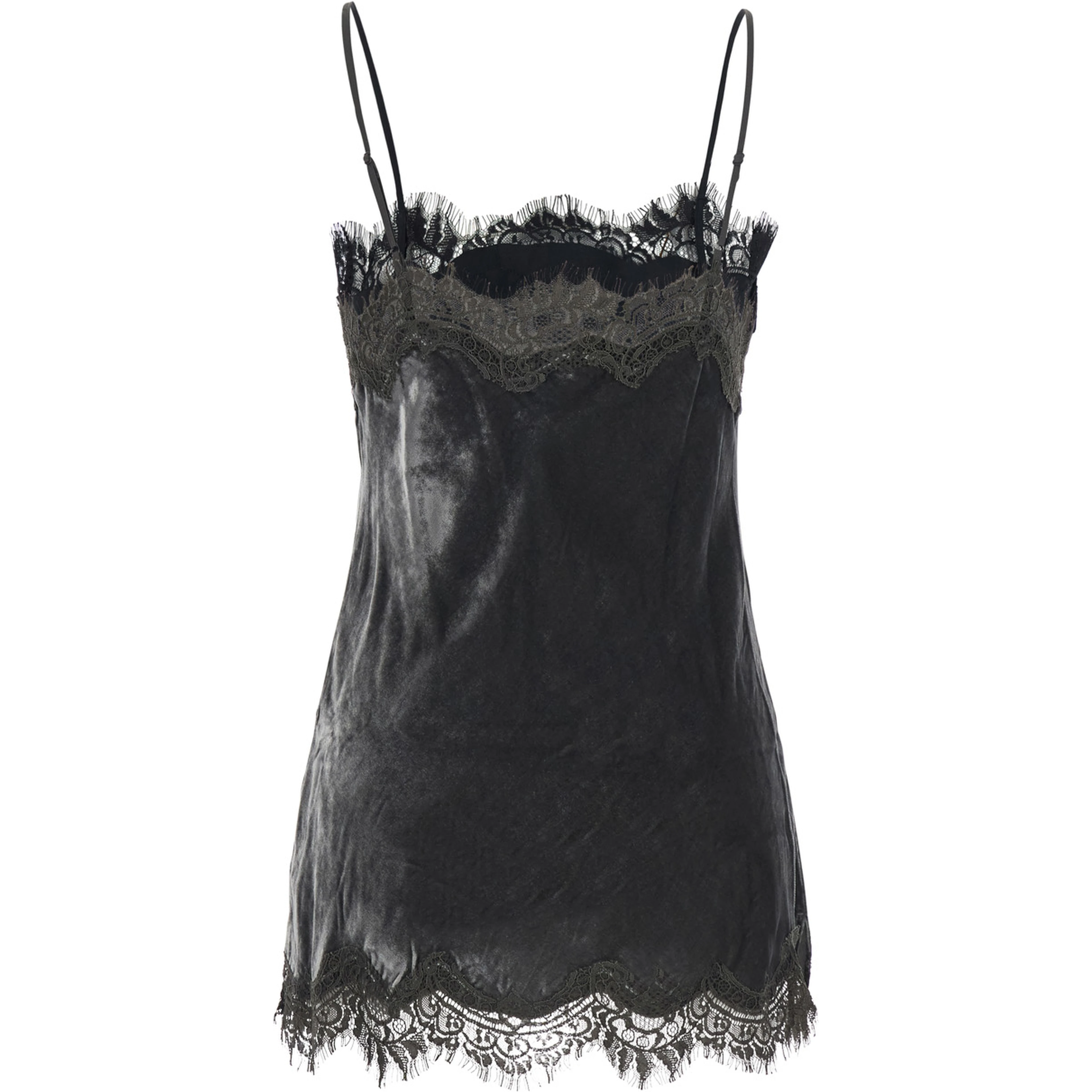 Dark grey V-neck top with lace details in velvet for women