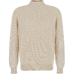 Beige sweater with ribbed design and high collar in cashmere for men